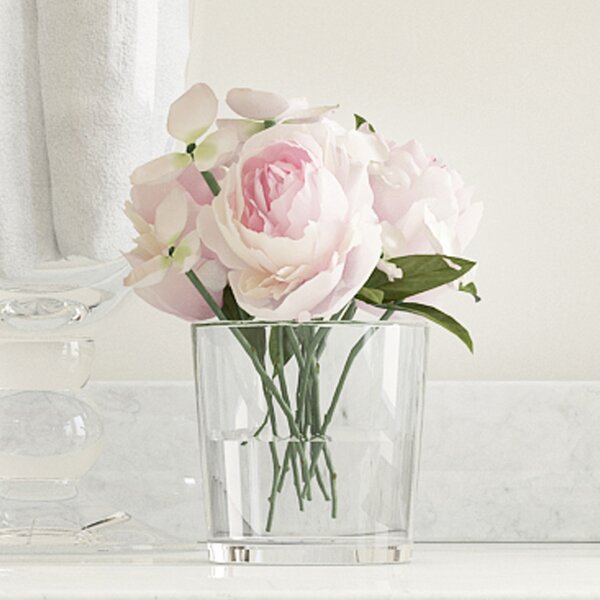 Hydrangea and Rose Arrangement in Glass Vase by Willa Arlo Interiors