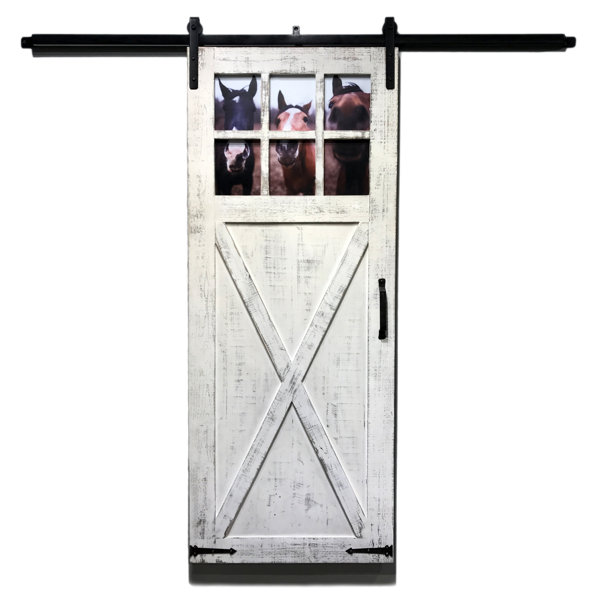 Nosey Horses in Window Wood Barn Slide Rail Single Door Panel by Wilco Home
