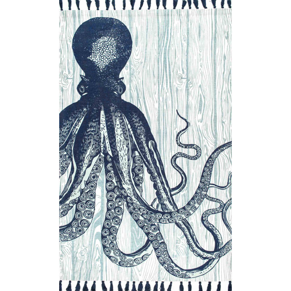Octopus Hand-Woven Cotton Blue Area Rug by Thomas Paul
