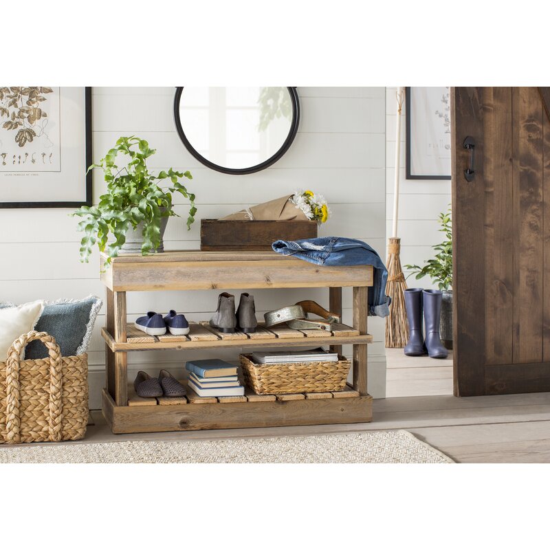 Laurel Foundry Modern Farmhouse Barnwood 8 Pair Shoe Storage Bench