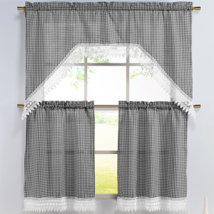 Checkered 3 Piece Embroidered Kitchen Valance and Tier Set