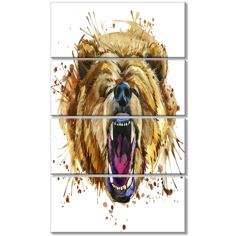 Designart Growling Grizzly Bear Watercolor 4 Piece Painting