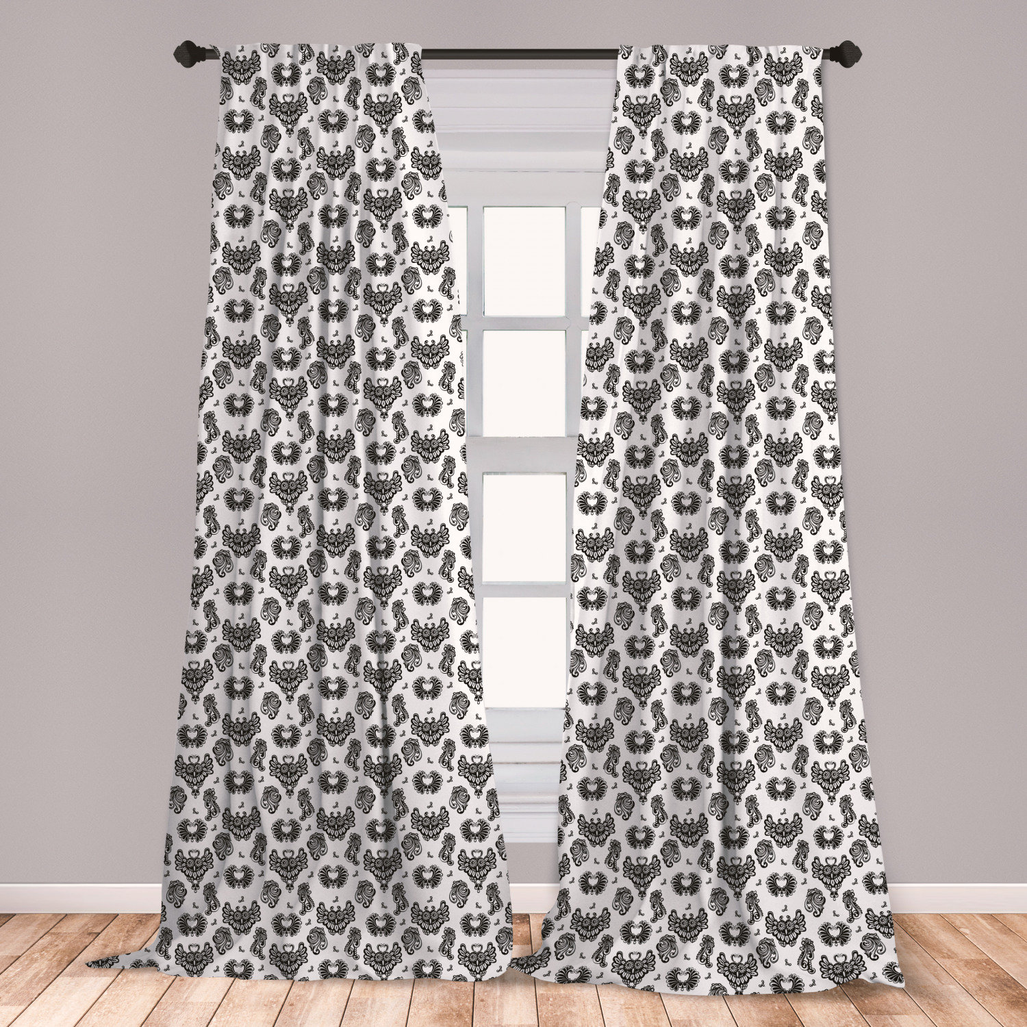 East Urban Home Ambesonne Gothic Curtains Victorian Floral Motifs And Owl Classical Vintage Flourishes Window Treatments 2 Panel Set For Living Room Bedroom Decor 56 X 63 Black Grey White