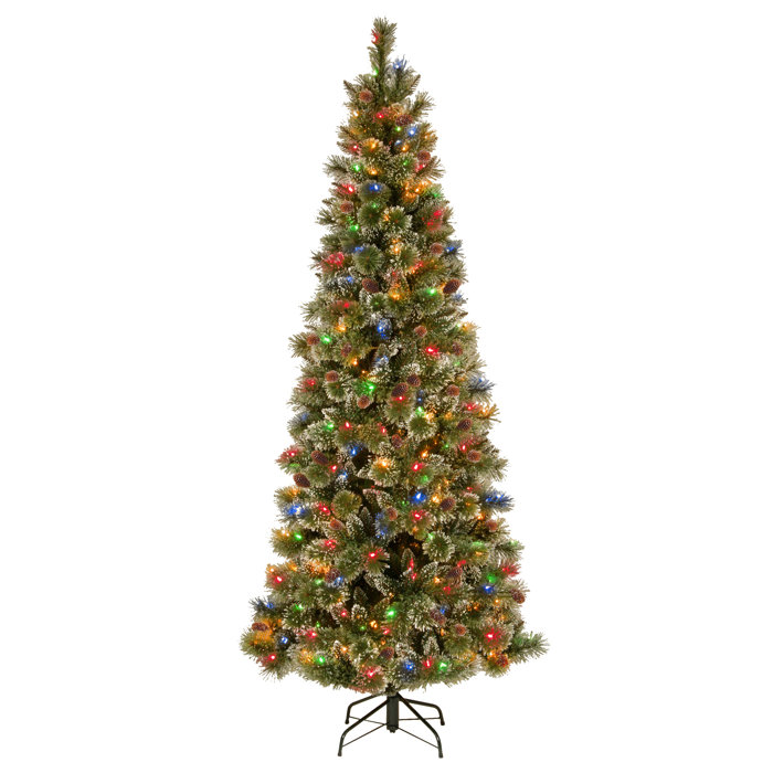 Glittering Pencil Slim 7 Green Pine Artificial Christmas Tree With 300 Multi Colored Lights