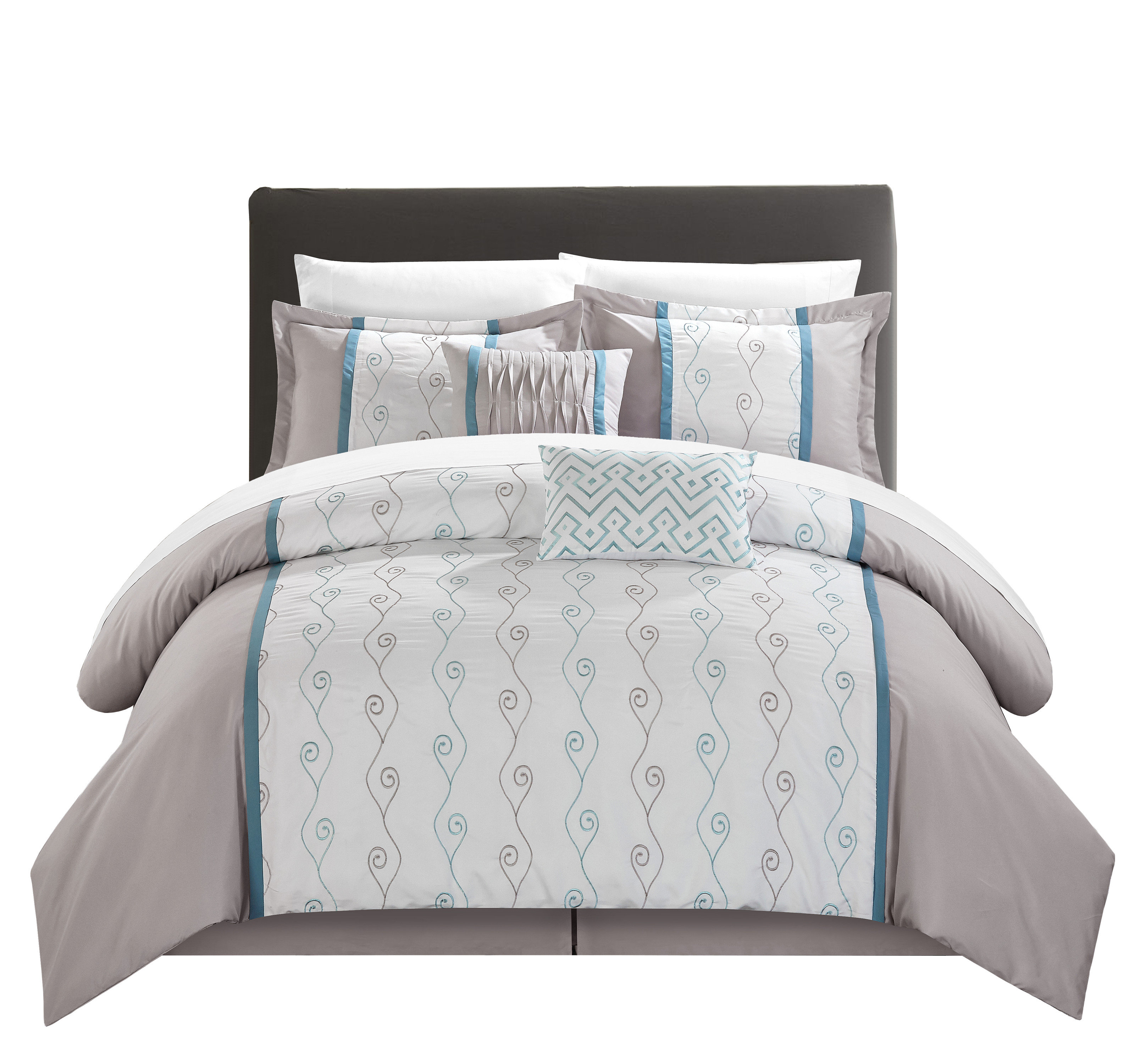 Gray //White Blue 10 Pc Reversible Comforter Set Embroidered Geometric Print