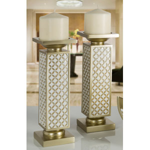 Diamond Lattice Decorative Polyresin Candlestick (Set of 2)