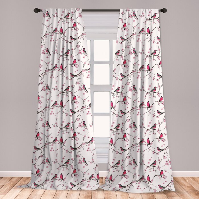 Ambesonne Asian Curtains Sakura Flowers With Bullfinch Birds Branches Nature Animals Plants Spring Season Window Treatments 2 Panel Set For Living