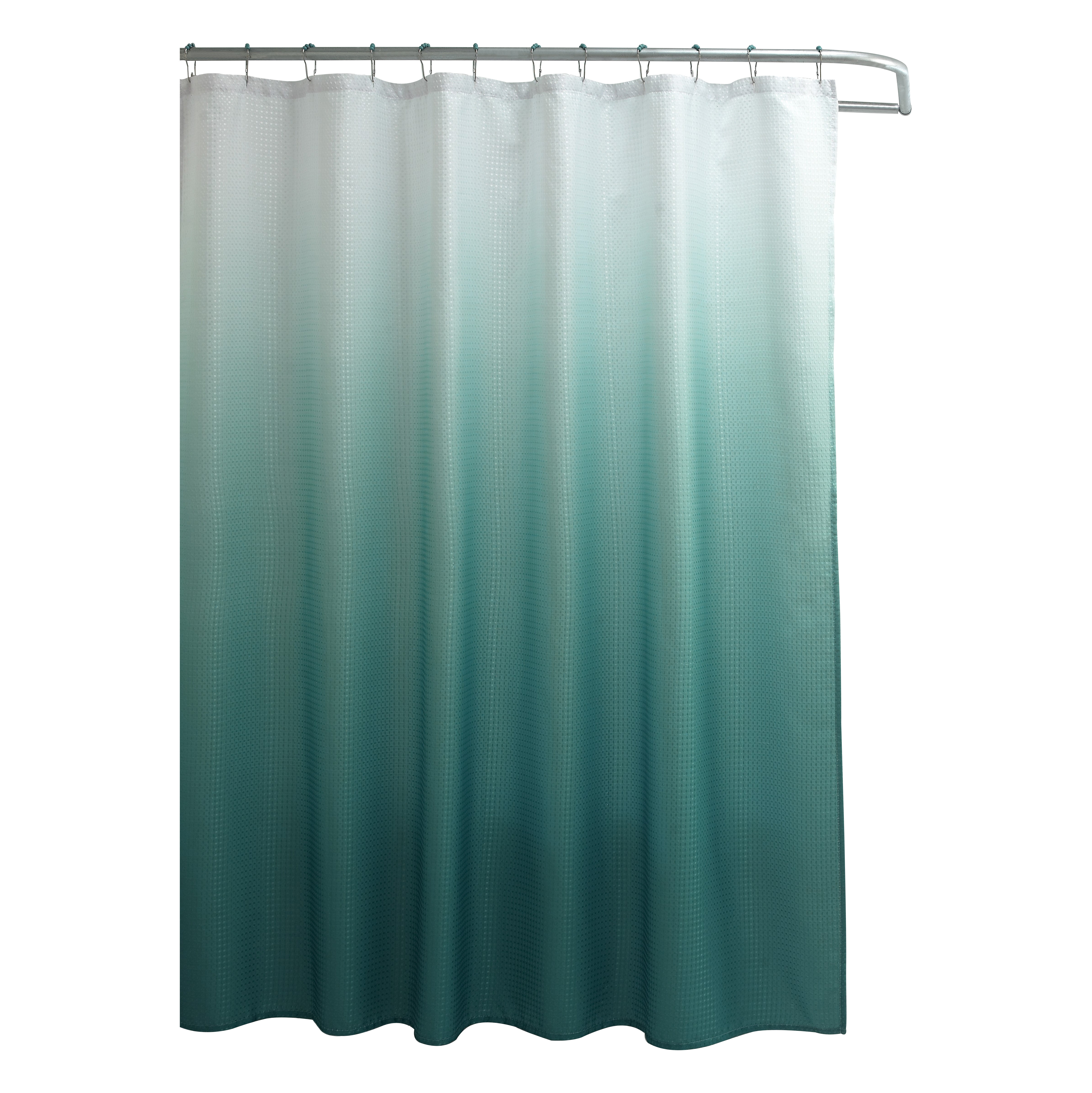 Waffle Fabric Weave Shower Curtain With 12 Matching Metal Roller Shower Hooks