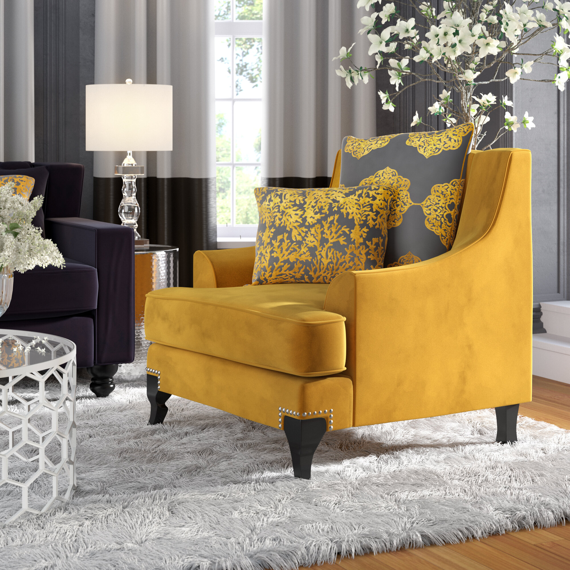 Yellow Living Room Chair - Saloon Fabric Print Accent Chair Yellow Gray
