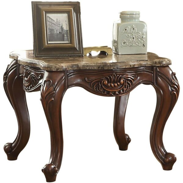 Sturdivant Marble Top With Motif Engraved Angular Wood Feet End Table By Astoria Grand