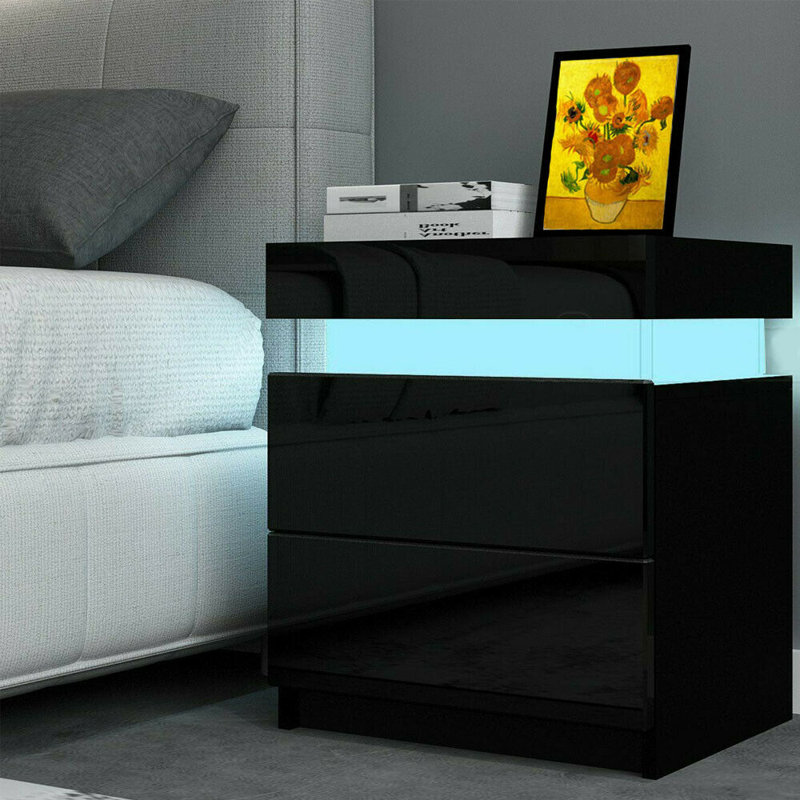 High Gloss Front White Bedside Cabinet Table 2 Drawers Nightstand FREE LED