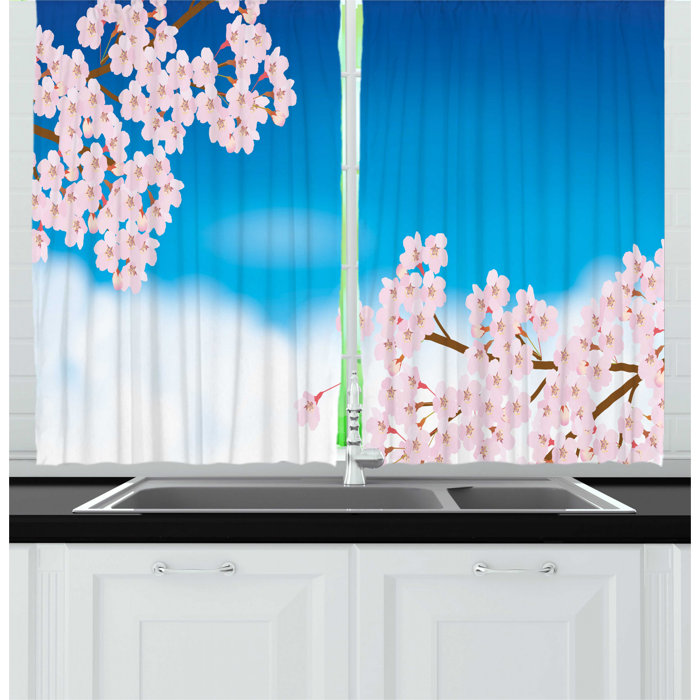 2 Piece Blue and Pink Sunny Day Sky with Floral Tender Cherry Blossom Branches Kitchen Curtain Set