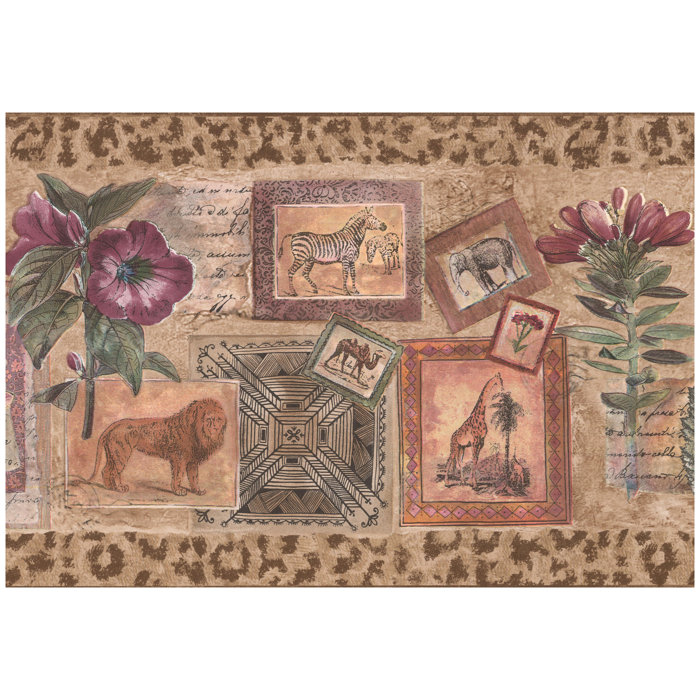 Buckland Postcards With Leopard Lion Elephant Zebra Flowers 15 L X 10 W Distressed Wallpaper Border