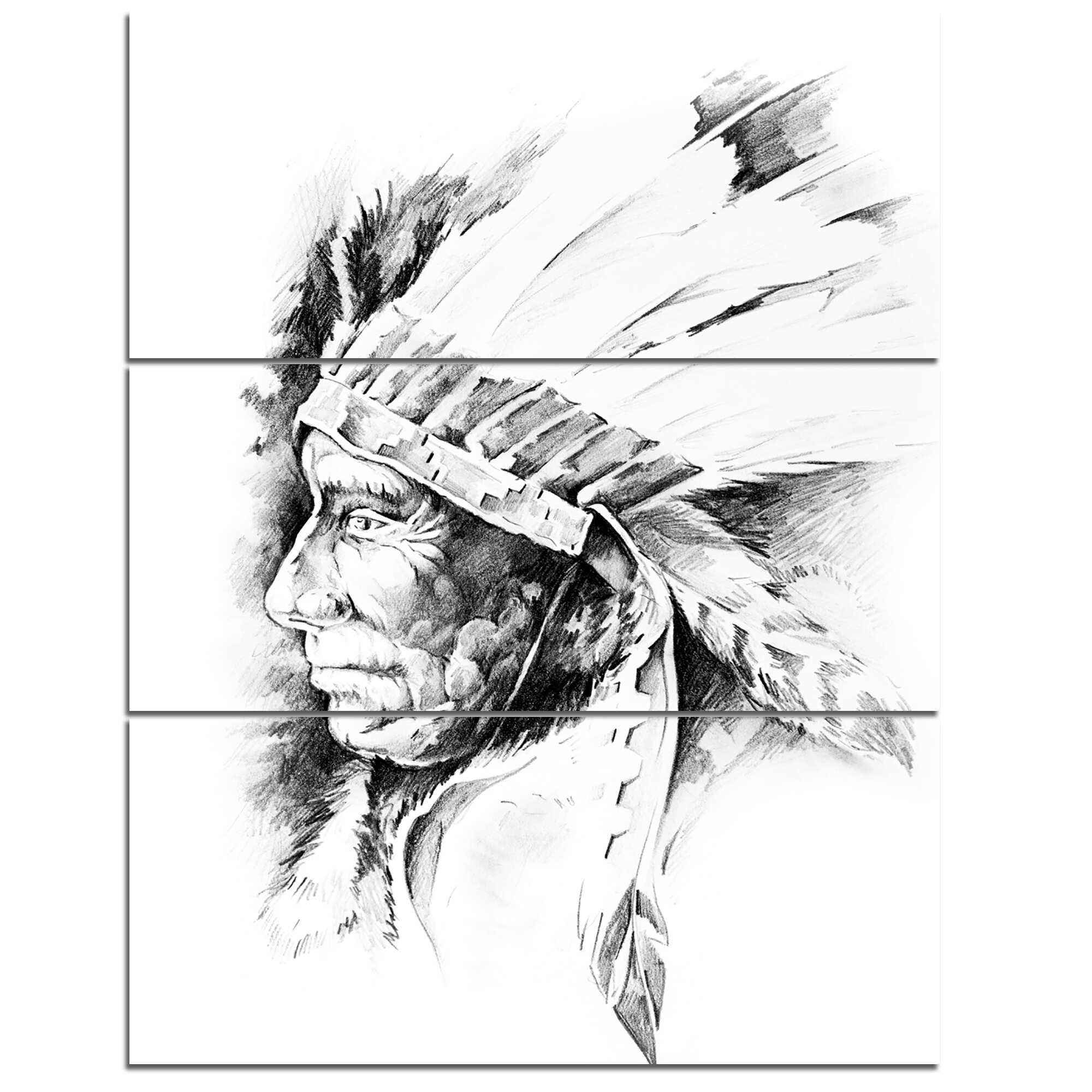 Designart American Indian Head Tattoo Black And White 3 Piece Wall Art On Wrapped Canvas Set Wayfair Ca