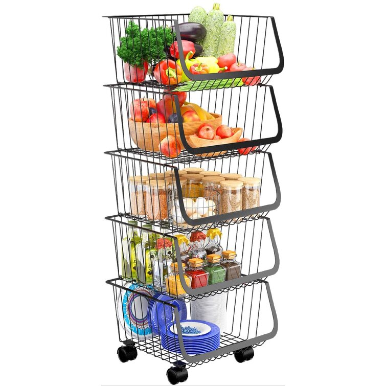 2 Tier Fruit Trolley Basket Rack Kitchen Storage Vegetable cart With Wheel-Black