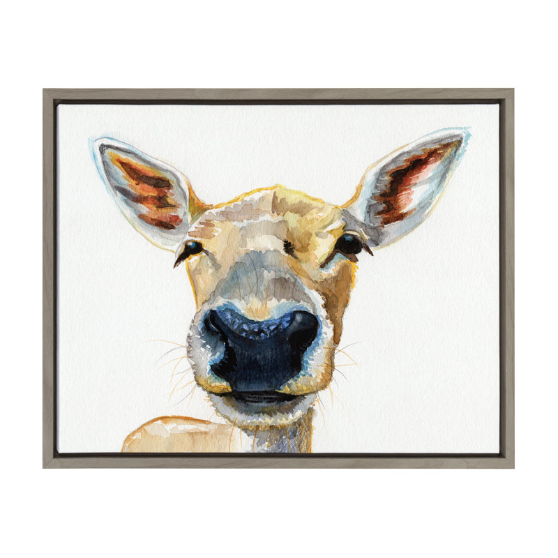 Ebern Designs Curious Baby Deer Framed Watercolor Painting Print