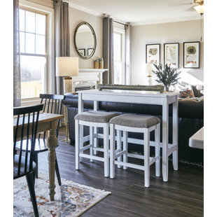 table behind couch with stools