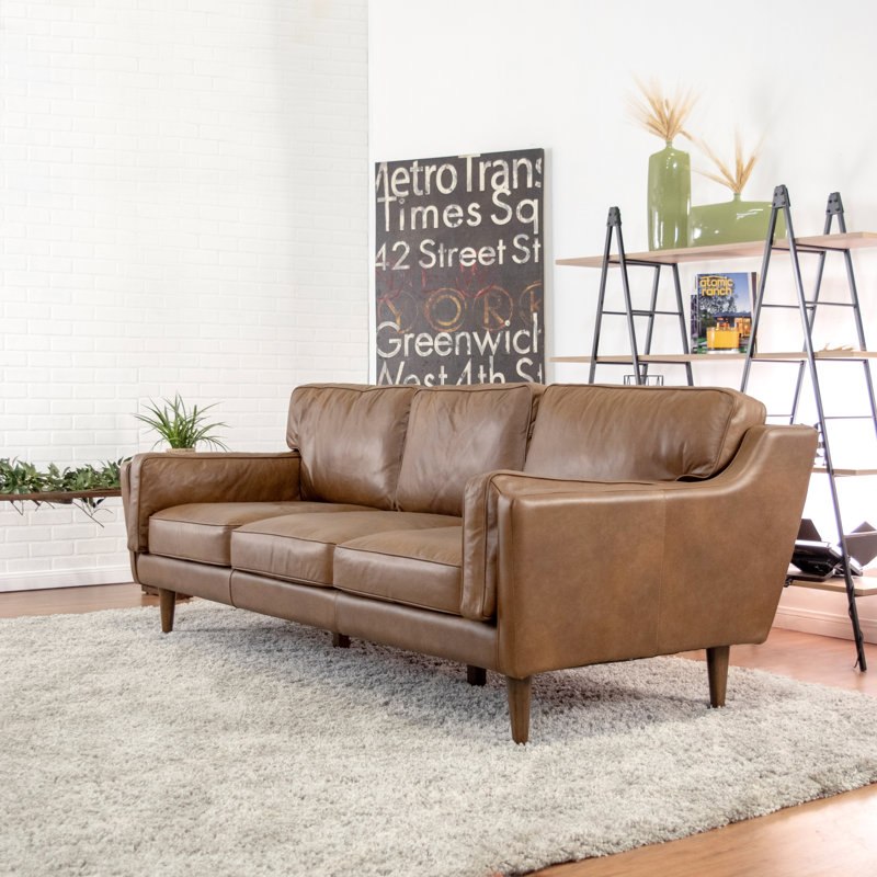 Foundstone Warren Mid Century Modern Leather 88 Flared Arms Sofa Reviews Wayfair