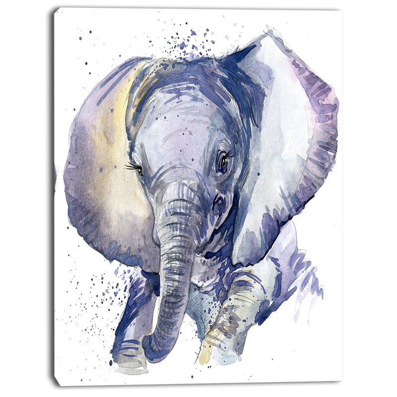 Designart Baby Elephant Blue Watercolor Painting Print On