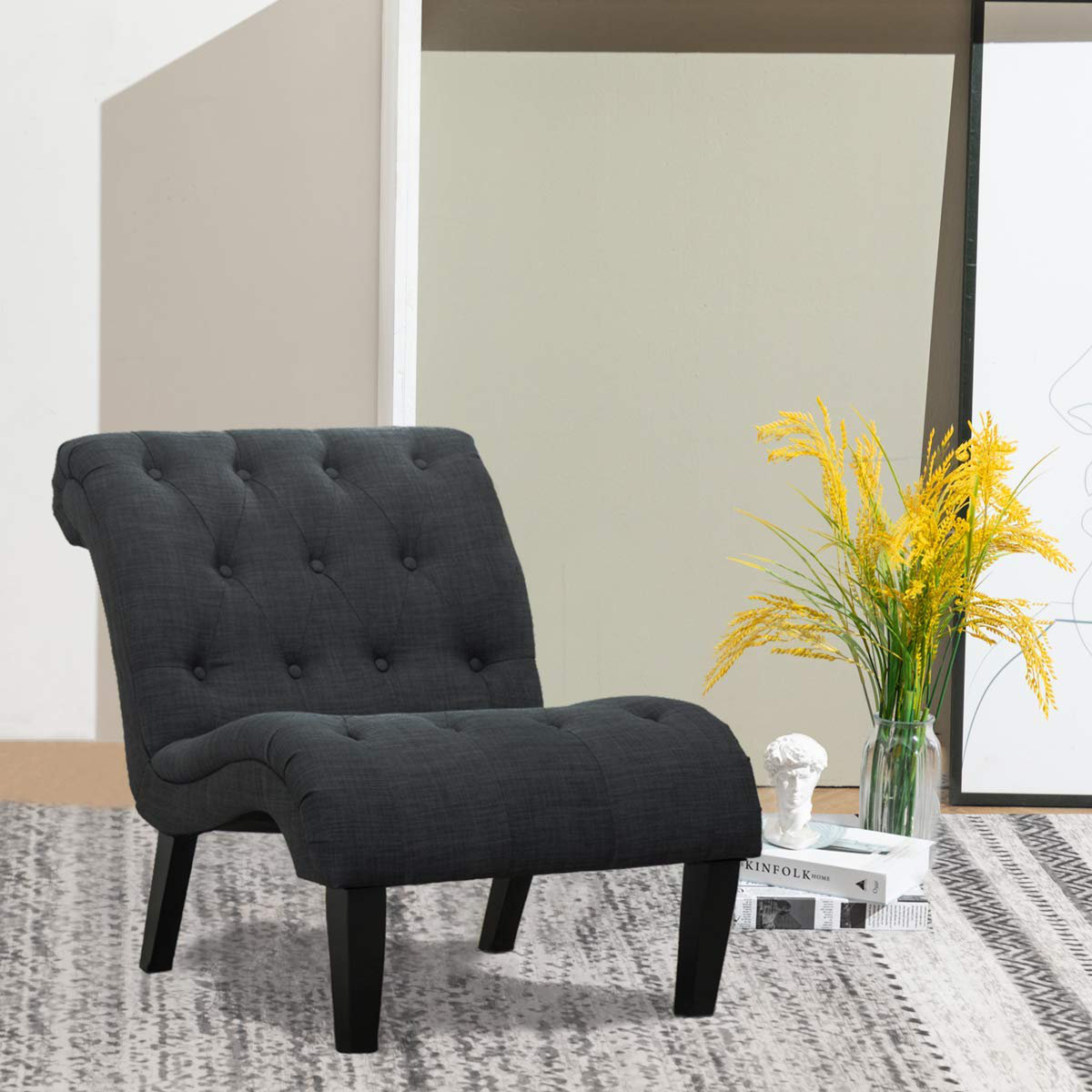 Red Barrel Studio Living Room Chairs Upholstered Tufted Bedroom Accent Chair Curved Backrest Fabric Lounge Chair With Wood Legs Grey Wayfair Ca