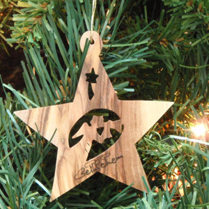 Olive Wood Star Ornament with Angel