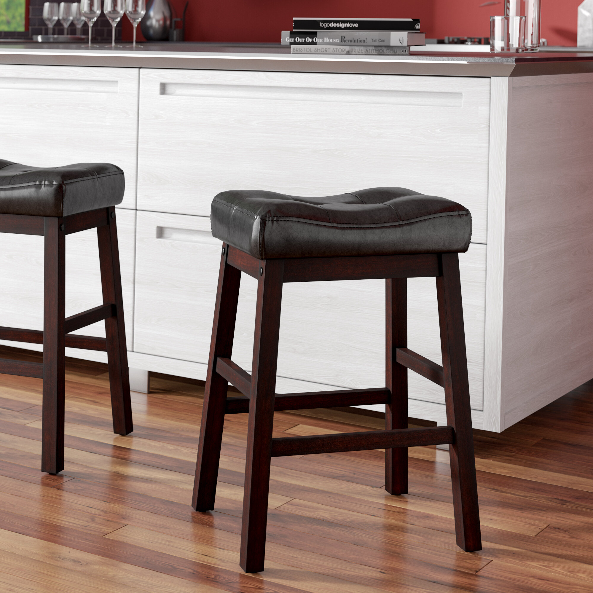 Saddle Seat Stool 24 In Counter Bar Stools Backless Wood Chair Set Of 2