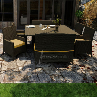 Hampton 7 Piece Dining Set with Sunbrella Cushions Forever Patio Fabric: Canvas Wheat / Spectrum Mushroom Welt