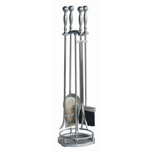 4 Piece Ball Handle Satin Pewter Fire Tool Set With Stand