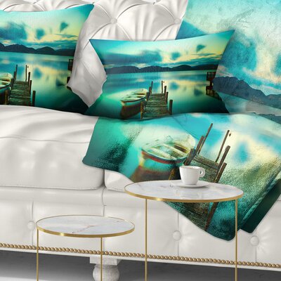 Seascape Wooden Jetty and Boat in Sea Lumbar Pillow East Urban Home