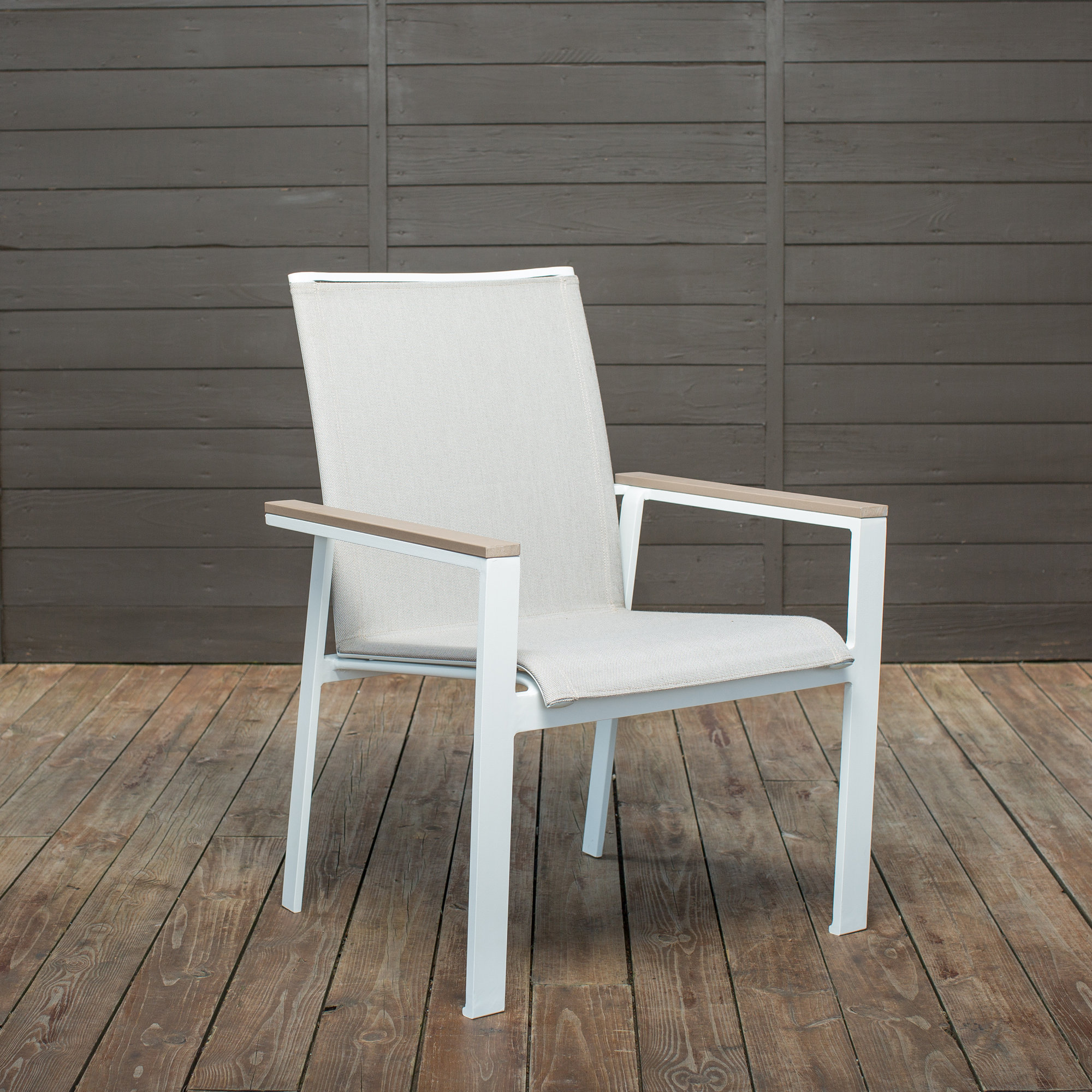 Modern Sling Stacking Outdoor Patio Dining Chair With Polywood Arms And Powder-Coated Aluminum Frame