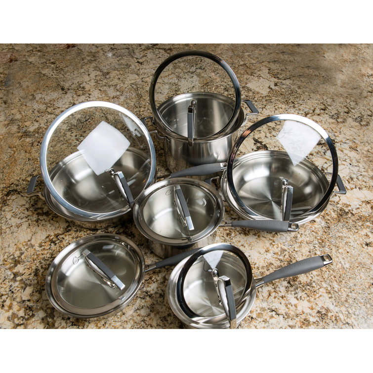 CookCraft by Candace 12-Piece Tri-Ply Stainless Steel Grand Cookware Set  with Silicone Handles & Glass Lid with Convenient Rim Latch