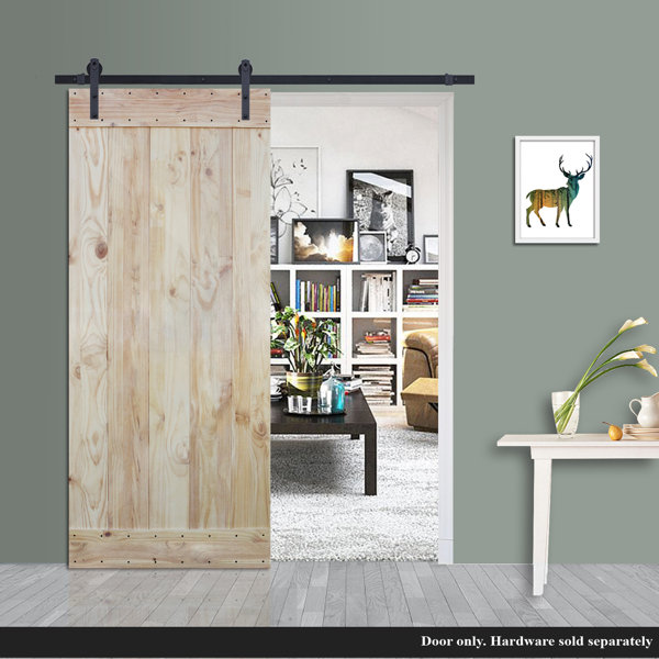 Plank Natural Solid Wood Paneled Pine Slab Interior Barn Door by Calhome