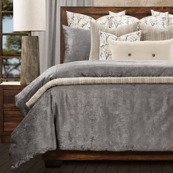 Nile Charcoal Velour Crocodile Skin Duvet Cover and Insert Set