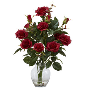 Rose Bush Silk Flower Arrangement in Red with Vase