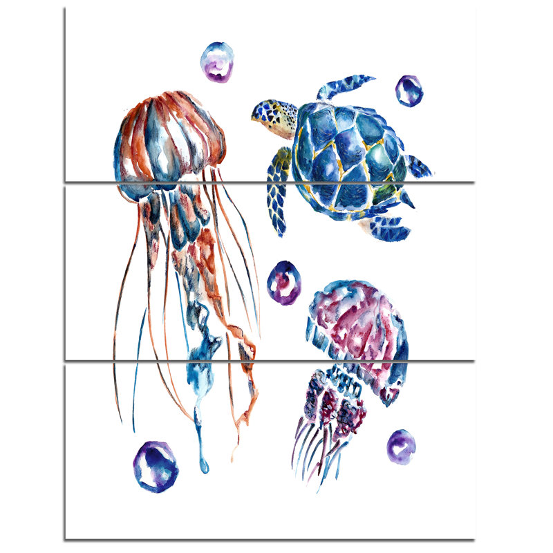 Designart Colorful Jellyfish And Turtles 3 Piece Painting Print