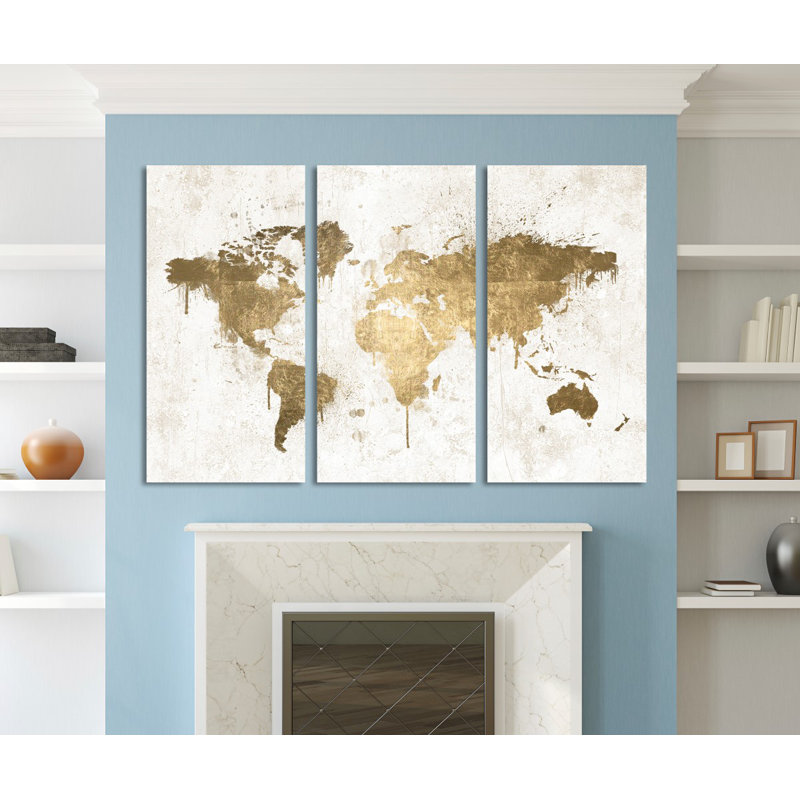 Mercer41 Mapamundi White Gold Triptych Painting Print On Wrapped