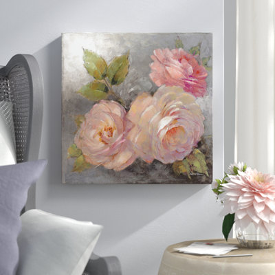 'Roses on Gray II' Painting Print on Wrapped Canvas Lark Manor Size: 12" H x 12" W x 0.75" D
