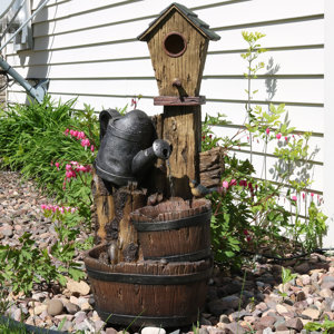 Polyresin Birdhouse and Garden Watering Can Outdoor Water Fountain