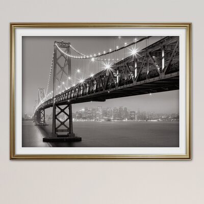 'Bay Bridge At Night' Framed Acrylic Painting Print Ebern Designs Frame Color: Gold, Size: 28