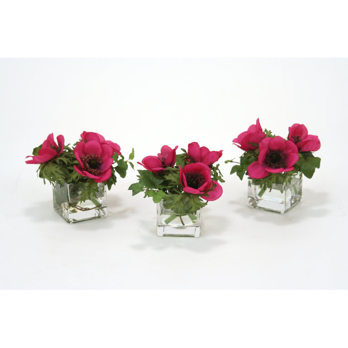 Winston Porter Dark Violet Anemones And Ivy In Square Glass Vase