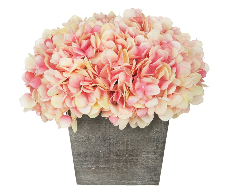 Artificial Hydrangea in Grey-Washed Wood Cube