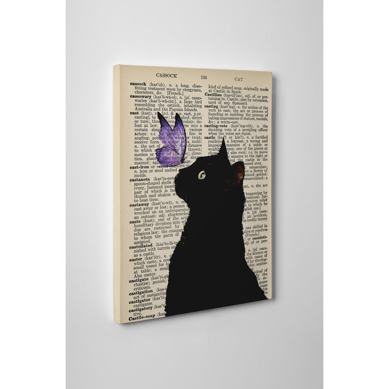 Wrought Studio Black Cat Purple Butterfly Vintage Picture