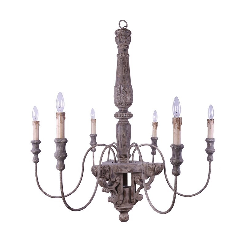 French country carved wood 6-Light Chandelier