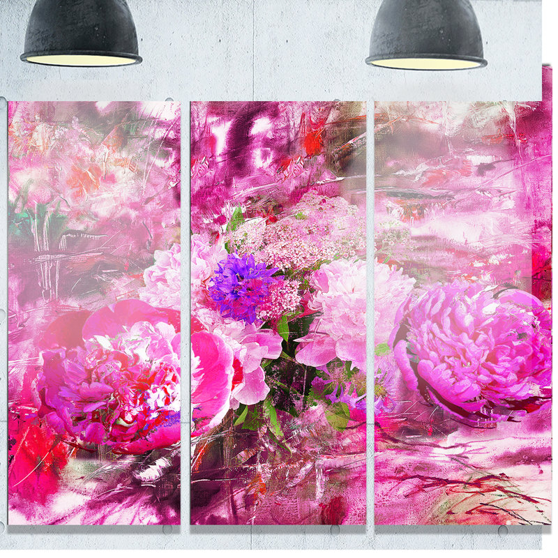 Designart Pink Peonies Abstract Background 3 Piece Painting Print On Metal Set Wayfair