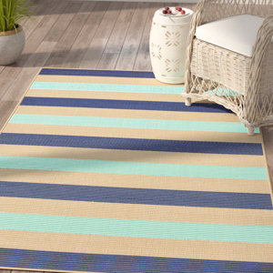 Larana Stripe Beige/Blue Synthetic Indoor/Outdoor Area Rug