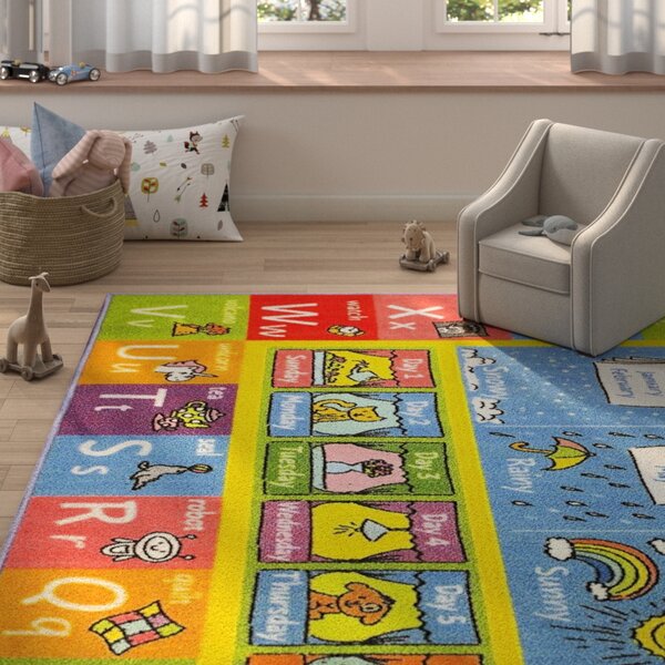 Weranna ABC Seasons Months and Days of the Week Educational Learning Blue/Yellow Indoor/Outdoor Area Rug by Zoomie Kids