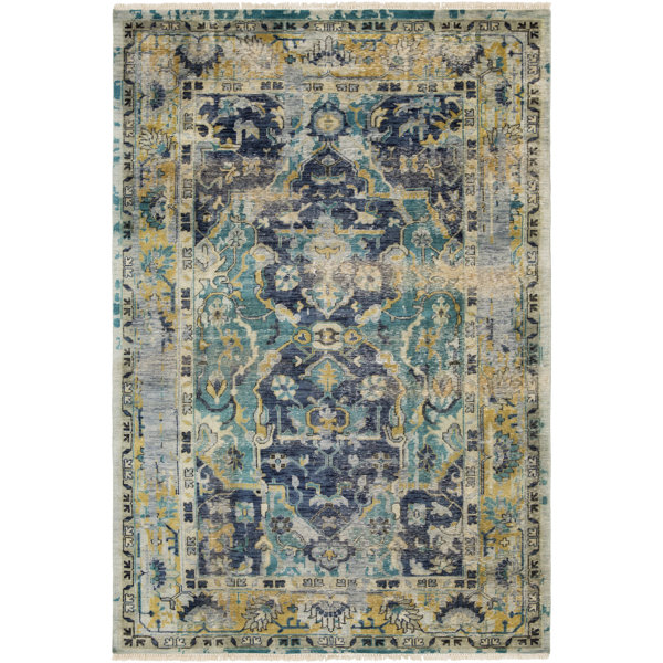 Makenna Hand-Knotted Navy/Teal Area Rug by Bungalow Rose