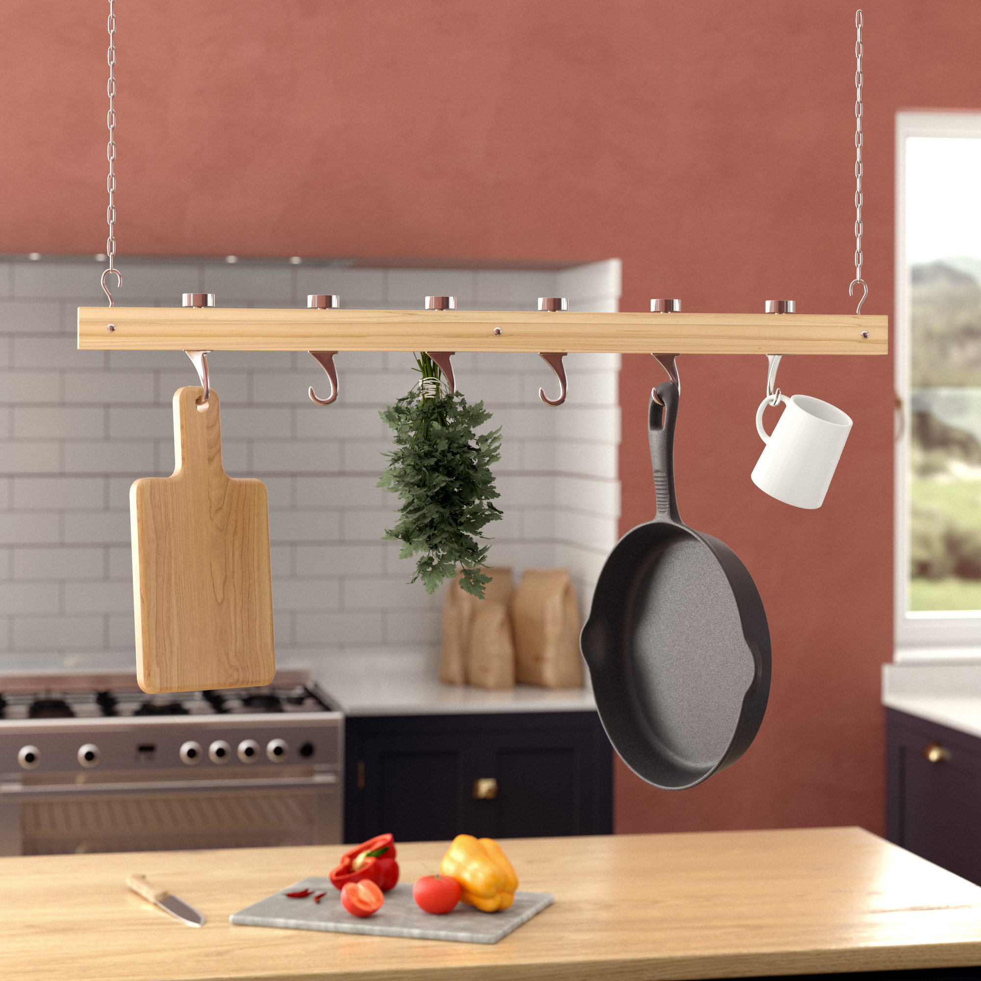 Red Barrel Studio Ceiling Mounted Wooden Hanging Pot Rack Ceiling Mounted Wooden Hanging Pot Rack