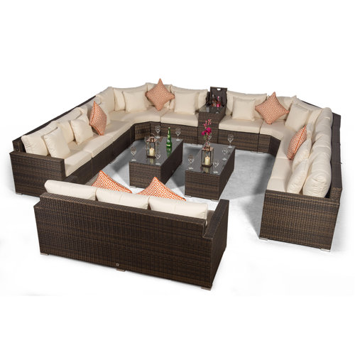 Villasenor Brown Rattan 10 Seat Sofa With 2 X Rectangle Coffee Table and 3 Seat Sofa + Drinks Cooler, Outdoor Patio Garden Furniture Sol 72 Outdoor