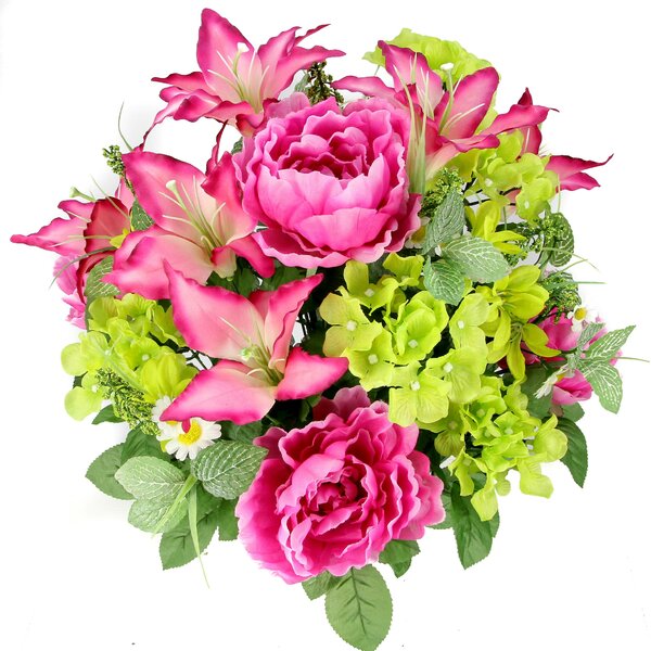 24 Stems Artificial Full Blooming Tiger Lily, Peony and Hydrangea Mixed Bush with Green Foliage by Three Posts